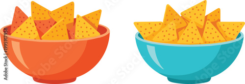 Nachos snack bowls icon set featuring crispy tortilla chips in colorful dishes for fast food, party snacks, and casual dining concepts