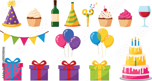 Party celebration icon set featuring birthday cake, balloons, gift boxes, cupcakes, wine glass, party hats, and decorations for festive event concepts
