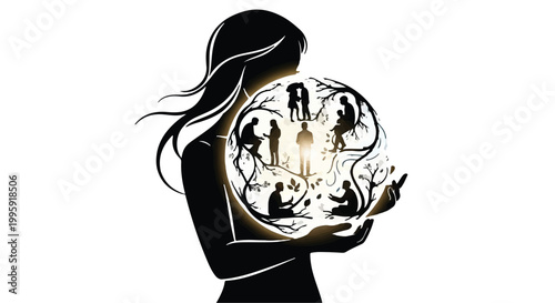 Woman cradling a glowing orb of interconnected human relationships and life stages