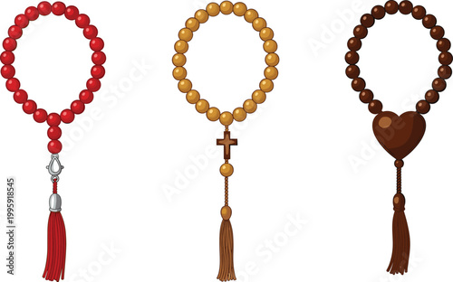 Religious rosary beads icon set featuring Christian cross rosary, heart pendant, and tassel prayer beads for faith, worship, and spiritual devotion concepts