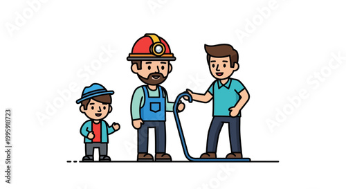 Illustration of a Miner with a Boy and a Man Holding a Cable.