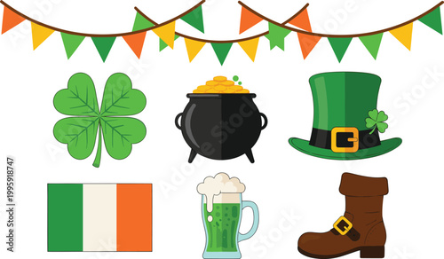 Saint Patrick Day celebration icon set featuring Irish flag, shamrock, leprechaun hat, beer mug, pot of gold, boot, and festive bunting