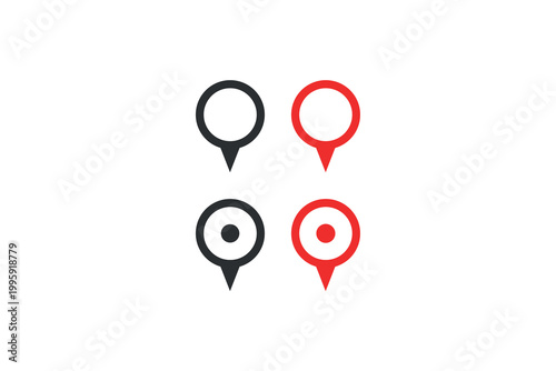 Four minimalist map markers: simple black and red pin design.