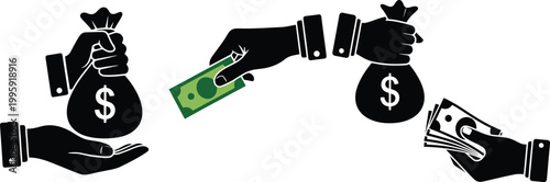 Black silhouette hands holding money bags and cash banknotes for financial design