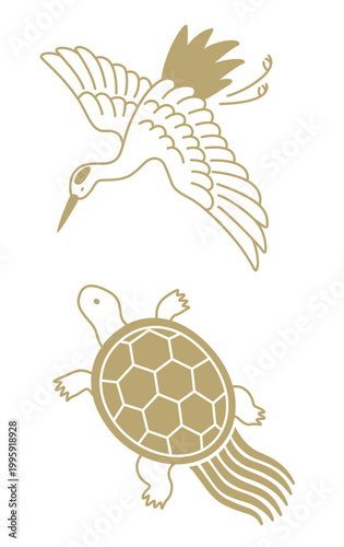 シンプルな鶴と亀のシルエット（ゴールド）