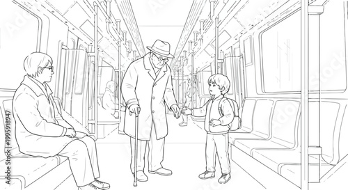 Black and White Line Art Vector Illustration of People on a Subway Train