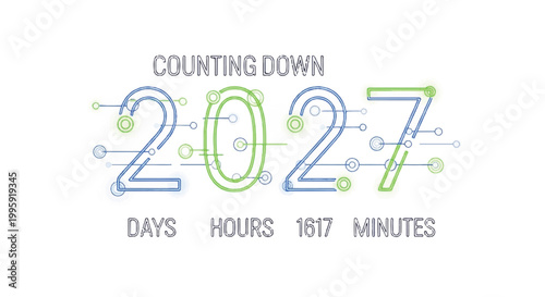 A futuristic illustration of a countdown to 2027 with days, hours, and minutes displayed prominently