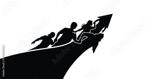 Silhouettes of people running upwards on an arrow shape, symbolizing progress and success.