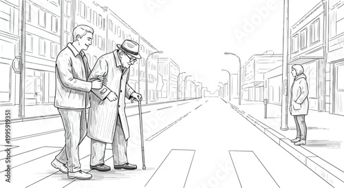 Young Man Helping Elderly Man Cross Street Vector Illustration