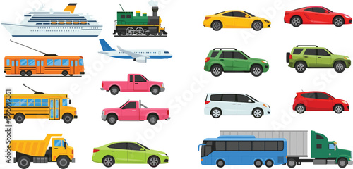 Transport vehicle icon set featuring cruise ship, train, airplane, cars, buses, trucks, and pickup vehicles for travel, logistics, and transportation concepts