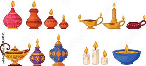 Traditional Ramadan and Diwali oil lamp icon set featuring decorative lanterns, diyas, candles, and Aladdin lamps for festive celebration and cultural illumination themes