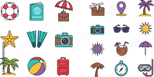 Travel and vacation icon set featuring passport, suitcase, camera, beach ball, sunglasses, umbrella, palm tree, and summer holiday essentials for tourism concepts