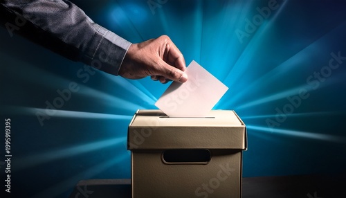 modern social responsibility concept with hands inserting official ballot into secure box with dramatic lighting election participation and democratic voting