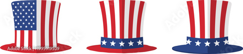 USA patriotic hats vector set featuring American flag top hats with stars and stripes, independence day themed festive costume accessories illustration