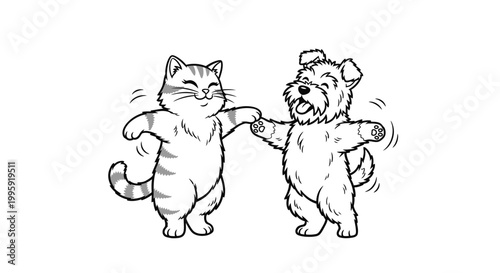 Cat and dog dancing together happily.