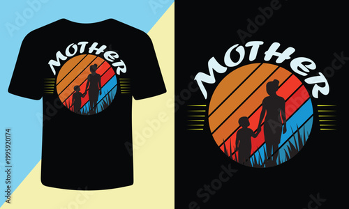 A black t-shirt with a colorful Mother's Day design featuring a mother and child silhouette.