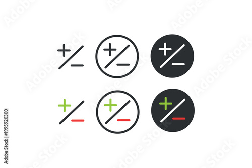Mathematical symbols set with plus minus signs and colored variations.