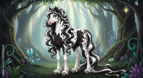 Fantasy horse with flowing mane and tail in enchanted forest.