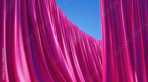 Vibrant Fuchsia Pleated Silk Fabric Draping Against a Clear Blue Sky