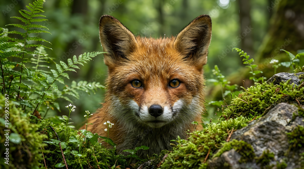 Fototapeta premium An observant red fox with bright eyes and soft fur stares intently into the camera lens