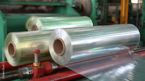 Industrial plastic rolls being flattened and trimmed into sheets at a manufacturing facility