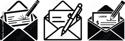 Black and white icons of open envelopes with bank checks and a pen