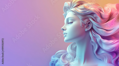Ethereal digital 3D sculpture of a woman with flowing wavy hair, illuminated by soft pastel neon lighting in pink and purple tones, conveying peace and creative inspiration.