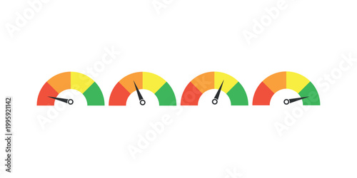 Colorful speedometers displaying various levels on a white background.