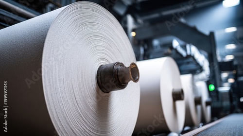 Large white paper rolls being processed and trimmed in an industrial manufacturing setting