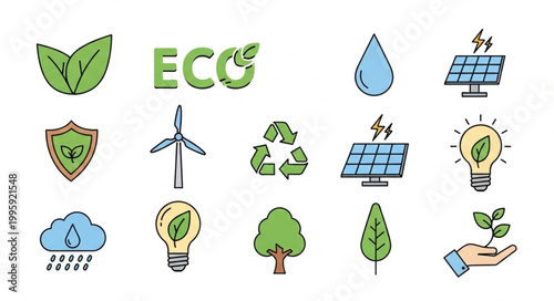 Collection of eco friendly icons and symbols for sustainability.