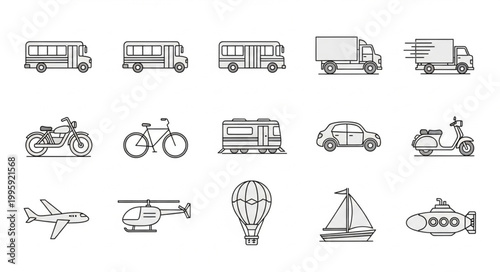 Collection of hand drawn transportation vehicles and modes of travel.
