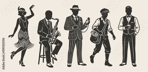 Vintage roaring twenties character silhouettes for retro jazz age themed designs