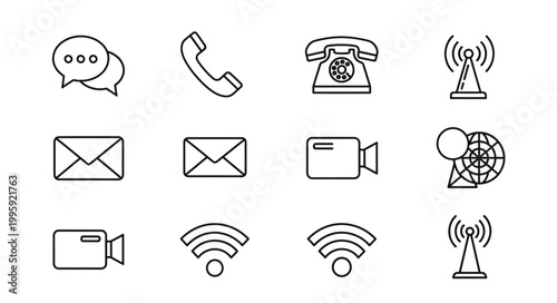 Collection of communication and technology icons in a simple line art style.