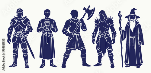 Medieval fantasy character silhouettes and RPG hero classes for gaming design