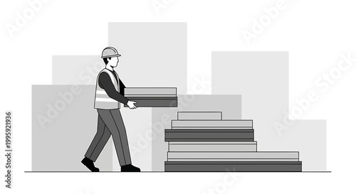 Construction worker carrying building materials to build stairs, progress concept