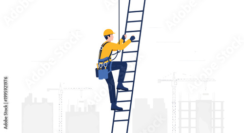 Construction worker climbing ladder with safety harness, city skyline background