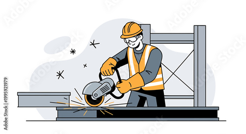 Construction worker cutting metal beam with angle grinder, sparks flying, safety gear