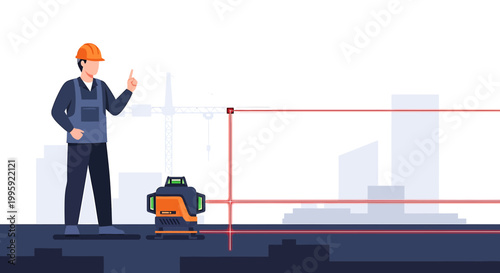 Construction worker using laser level for accurate measurements on building site