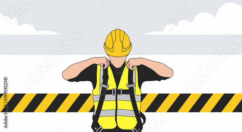 Construction worker wearing safety harness and hard hat, safety first concept