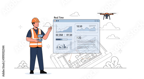 Construction worker with drone and real-time data dashboard on blueprints