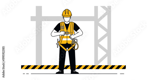 Construction worker wearing safety harness and hard hat on site
