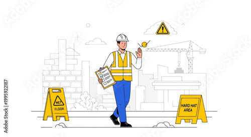 Construction worker with clipboard and safety signs on building site