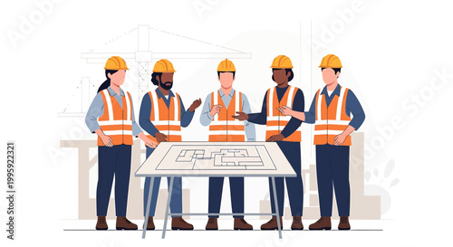 Diverse construction team collaborating on blueprints at a site meeting