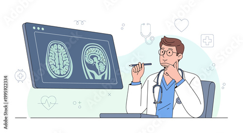Doctor analyzing brain MRI scan on computer screen, medical diagnosis concept
