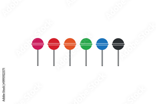 Colorful lollipop array on white background with red, orange, green, blue, black pops.