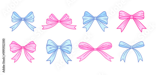 Coquette blue and pink bows set. Hand drawn vintage ribbons. Birthday, Wedding gift in retro style. Baby shower decoration, boy and girl, cute design. Doodle lace, vector illustration