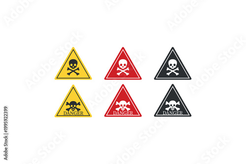 Set of six triangular danger and skull warning signs in yellow, red, and black.