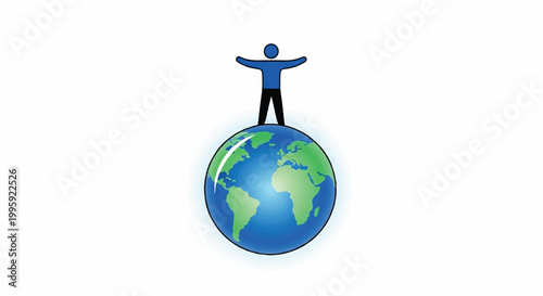 A person stands on the globe with arms outstretched in a joyful gesture.