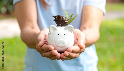 Piggy bank held in hands, small plant on top