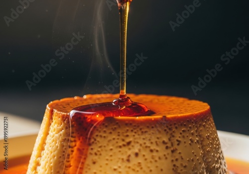Caramel being poured over a cake with a caramelized top